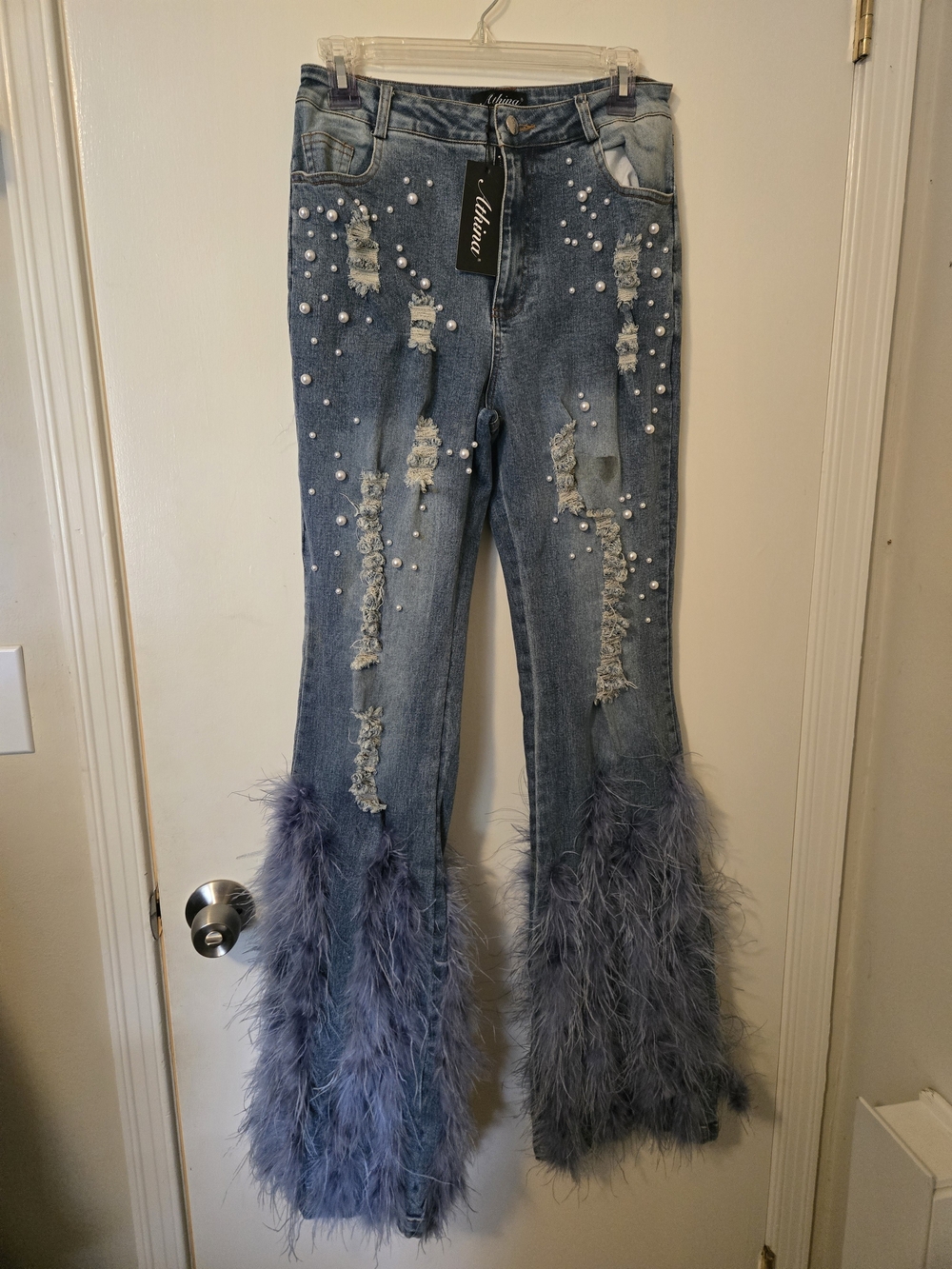Women's Blue Feather-Trim Distressed Flare Jeans